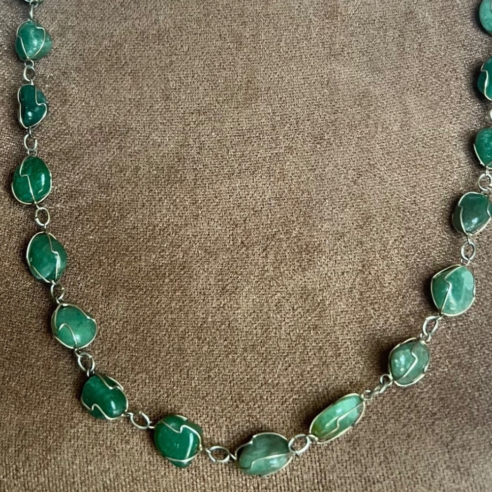 Vintage Green‎ Aventurine Wire Wrapped Stone Necklace 26 Inch Boho 70s